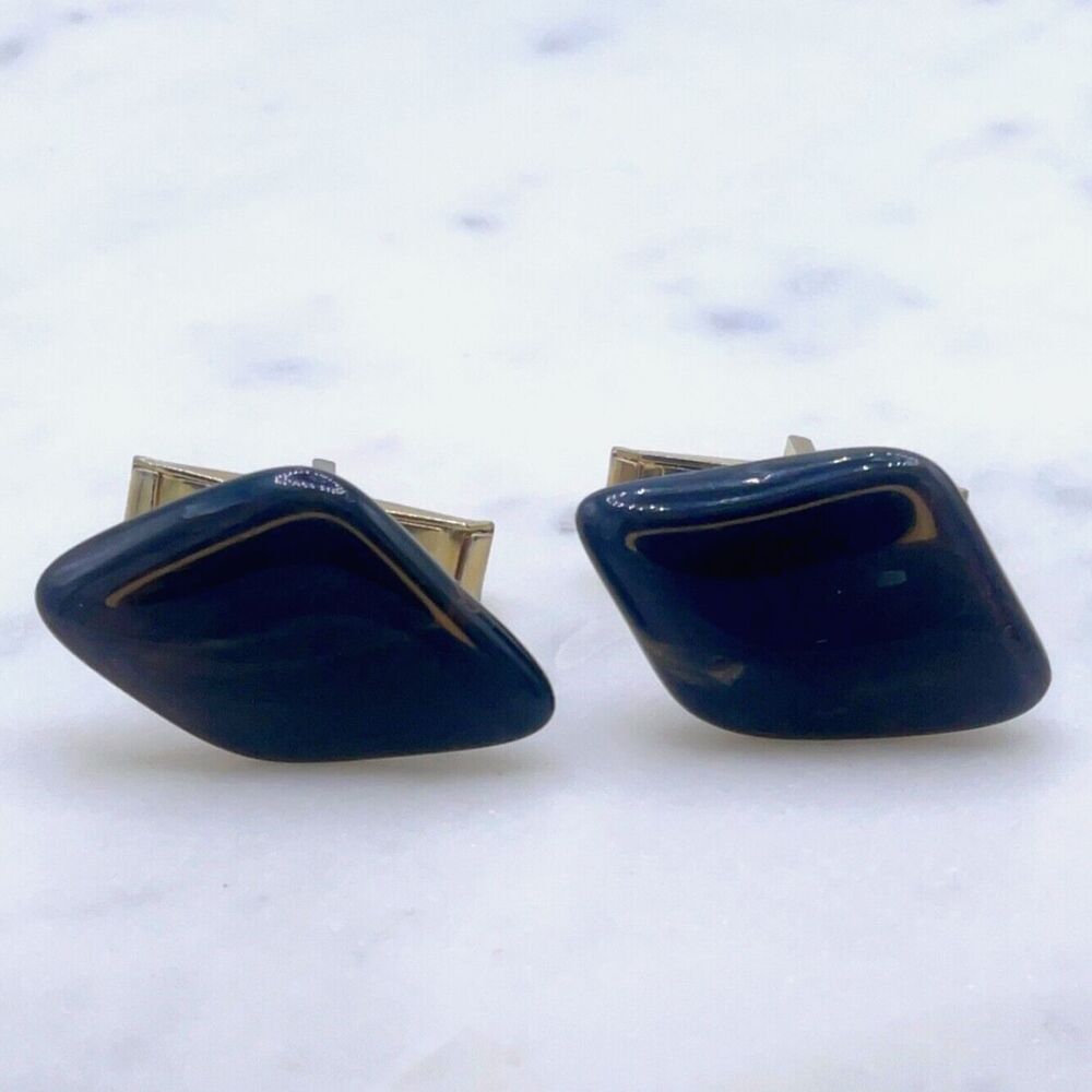 Unknown Gemstone Stone Accent Translucent Black Gold Mens Whale Back Cufflinks